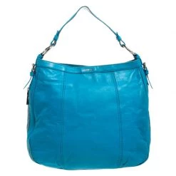 Versace Light Blue Leather Zip Around Hobo For Women