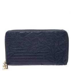 Versace Navy Blue Leather Vanitas Zip Around Wallet For Women