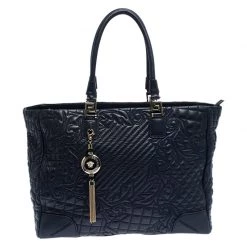 Versace Navy Blue Quilted Leather Elettra Vanitas Tote For Women