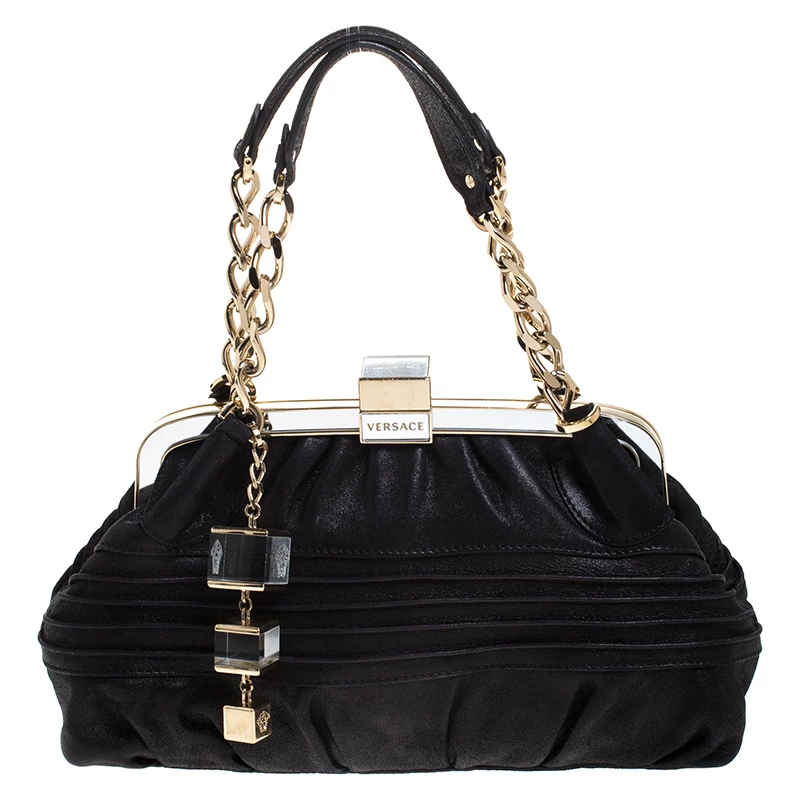 Versace Black Leather Frame Satchel For Women