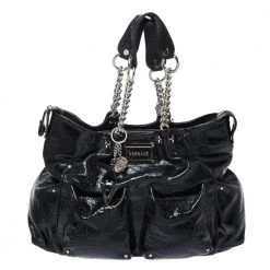 Versace Midnight Blue Croc Patent Leather Chain Tote For Women