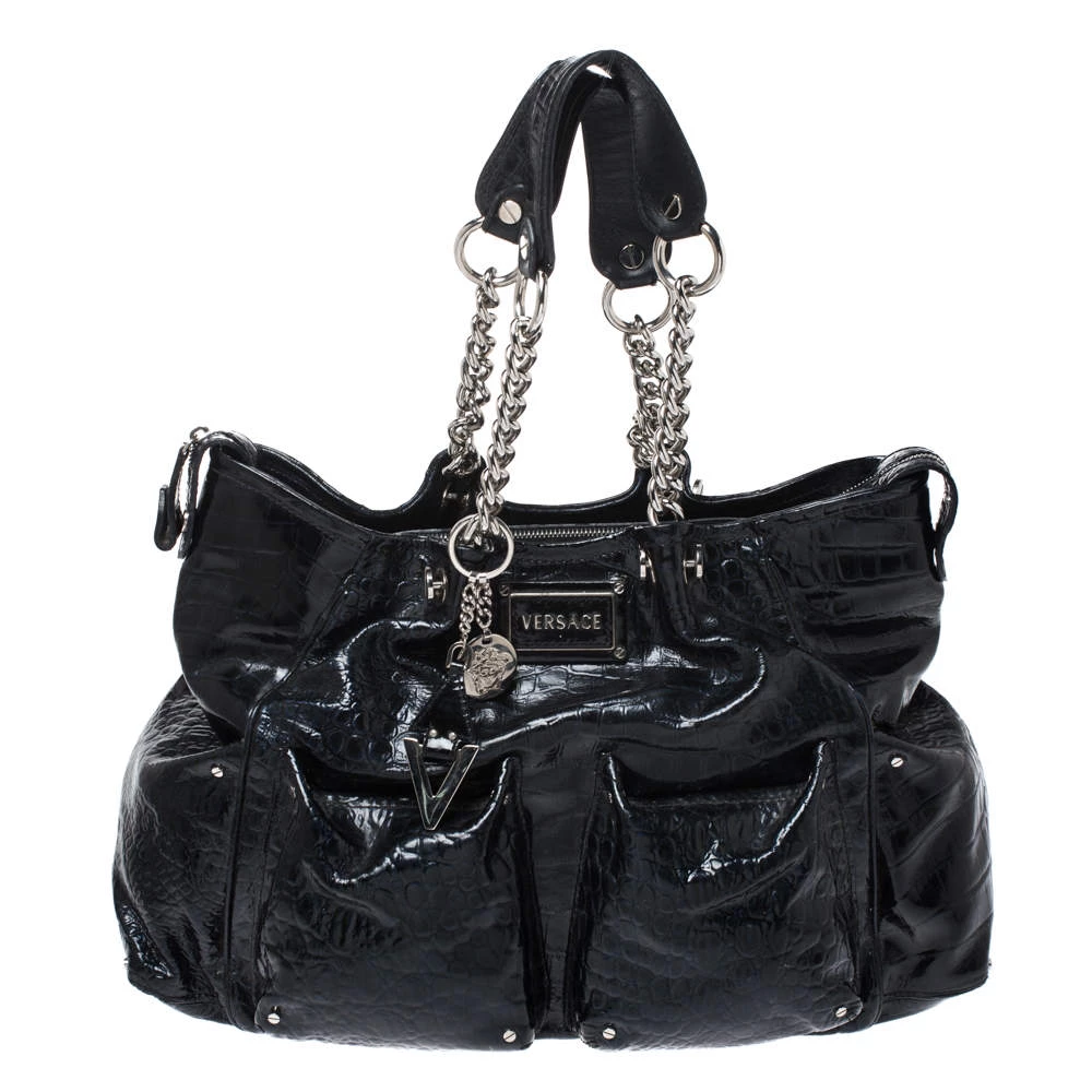 Versace Midnight Blue Croc Patent Leather Chain Tote For Women