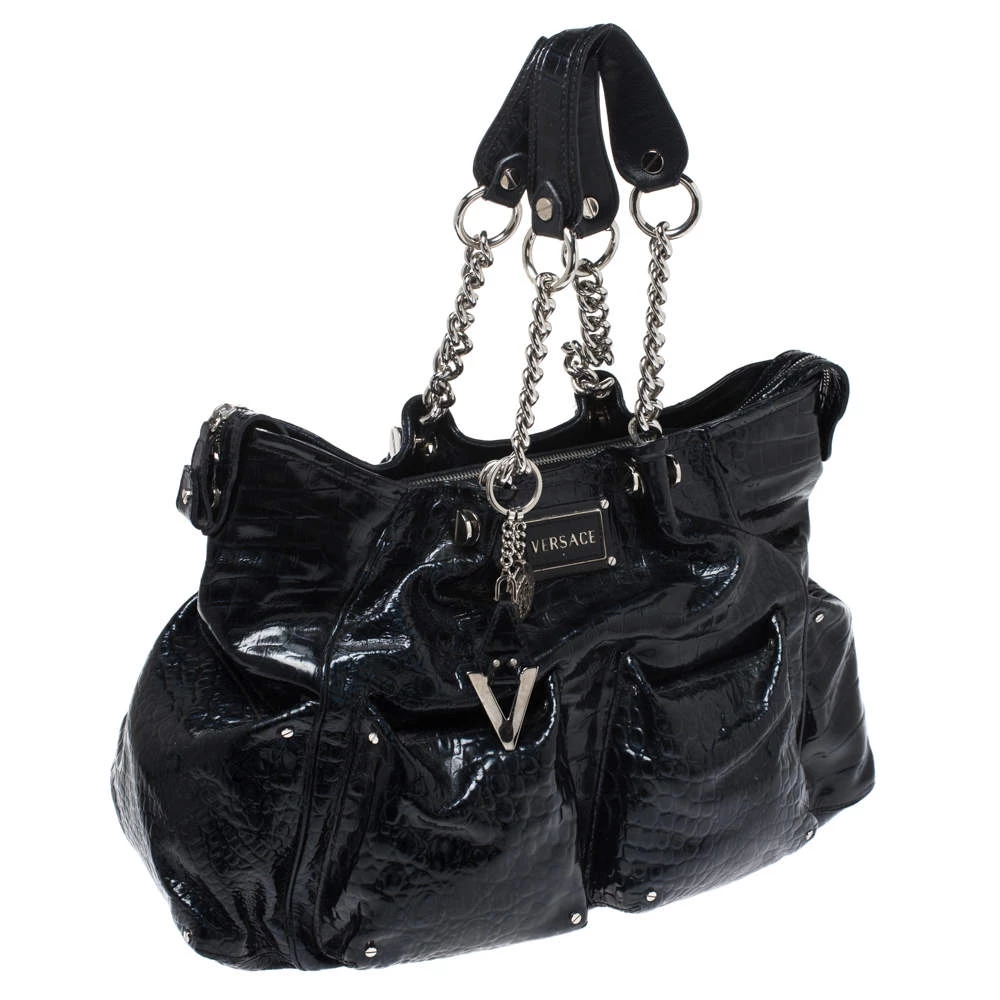 Versace Midnight Blue Croc Patent Leather Chain Tote For Women - Image 3