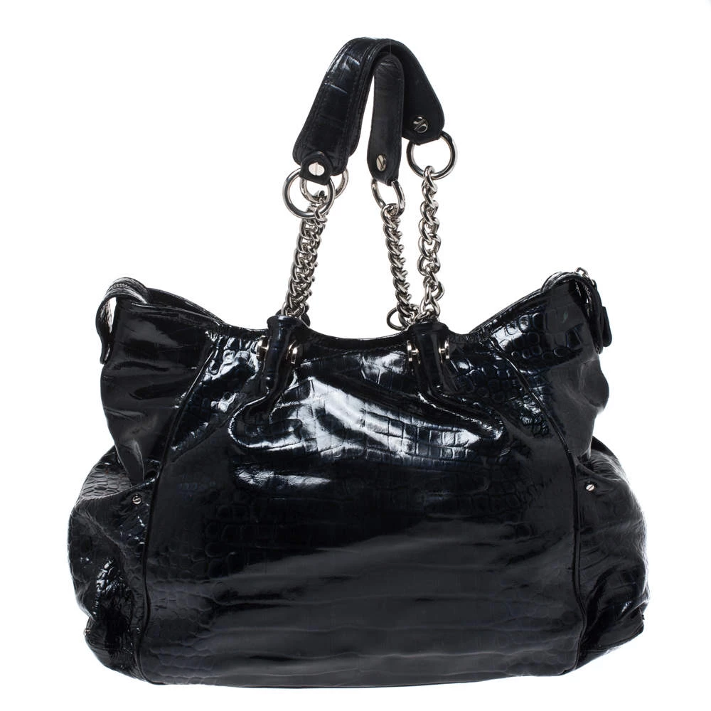 Versace Midnight Blue Croc Patent Leather Chain Tote For Women - Image 4