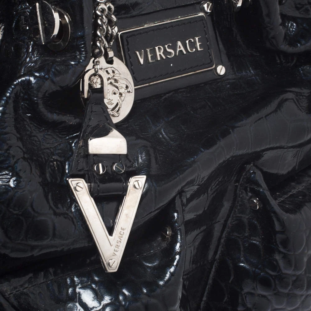 Versace Midnight Blue Croc Patent Leather Chain Tote For Women - Image 5