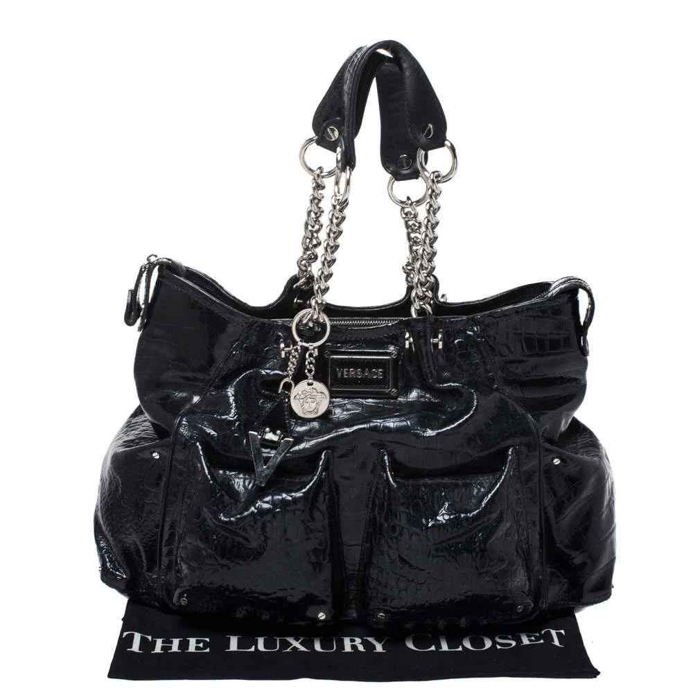 Versace Midnight Blue Croc Patent Leather Chain Tote For Women - Image 9