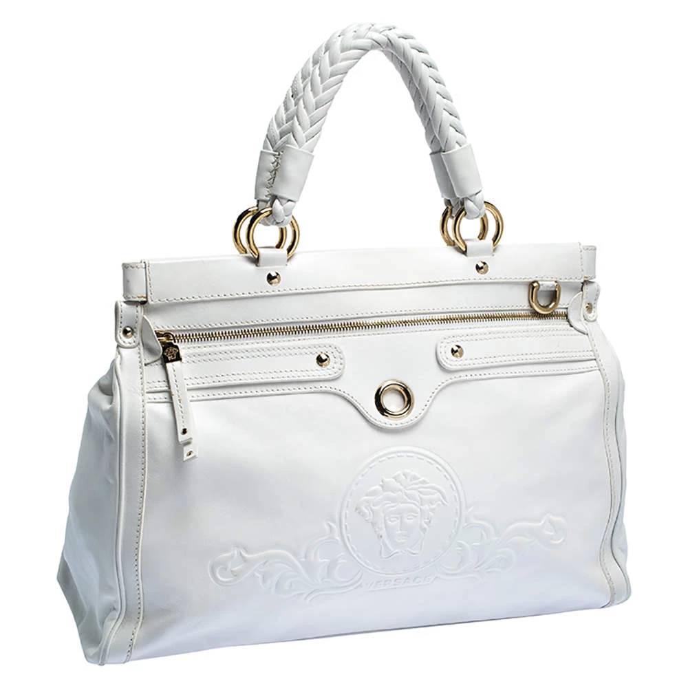Versace White Leather Logo Embossed Tote For Women - Image 3