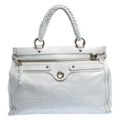 Versace White Leather Logo Embossed Tote For Women