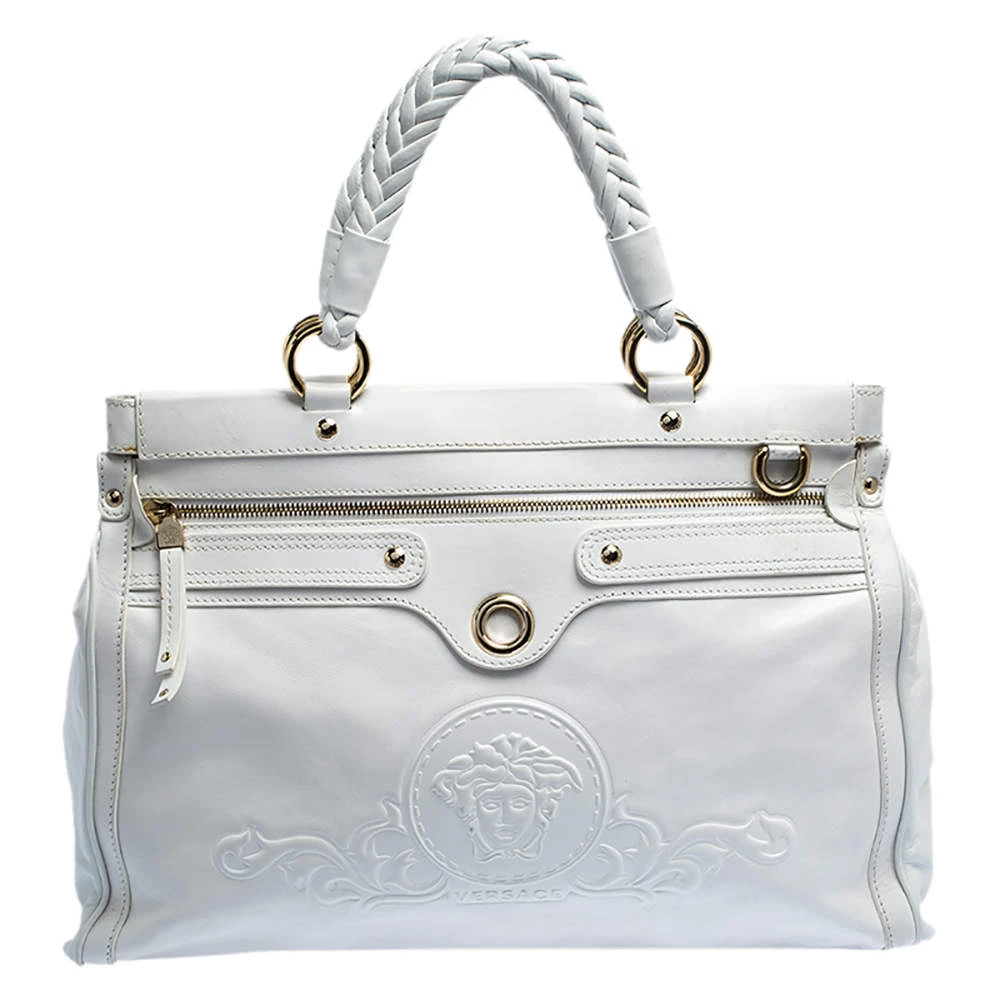 Versace White Leather Logo Embossed Tote For Women