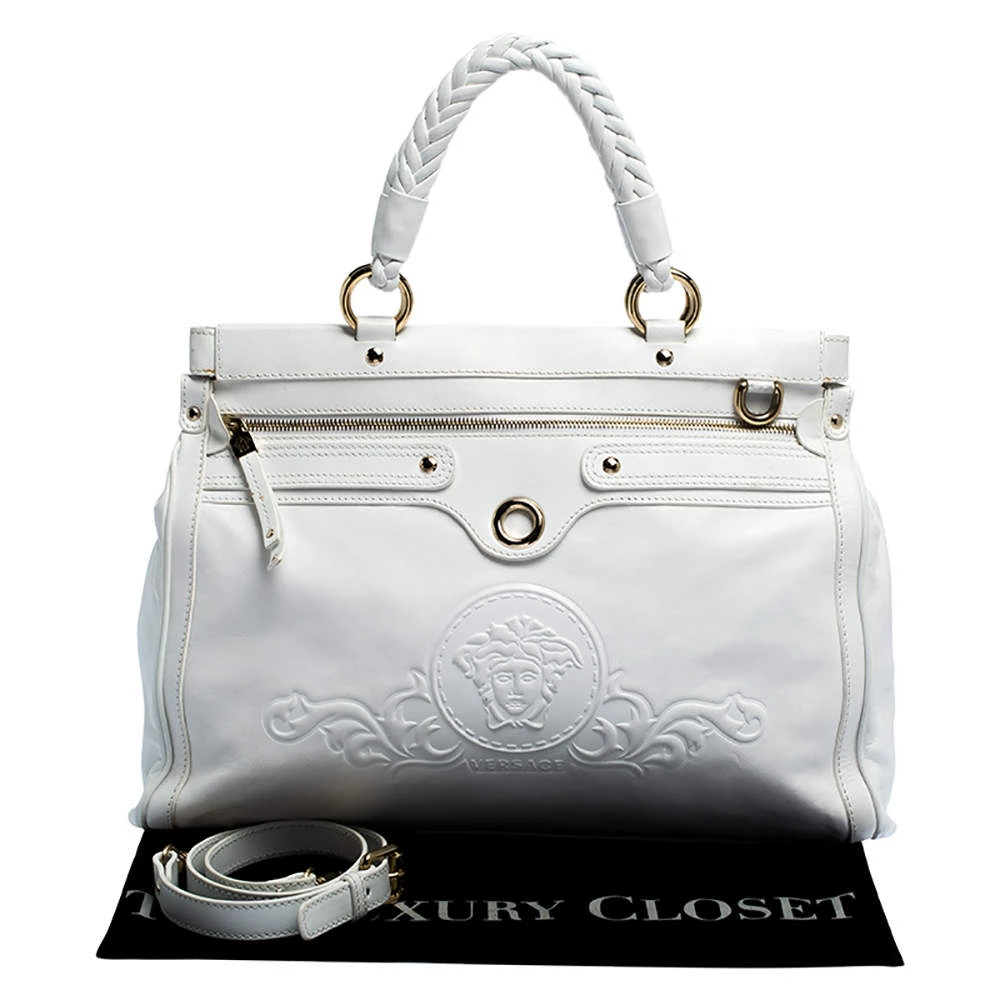 Versace White Leather Logo Embossed Tote For Women - Image 9