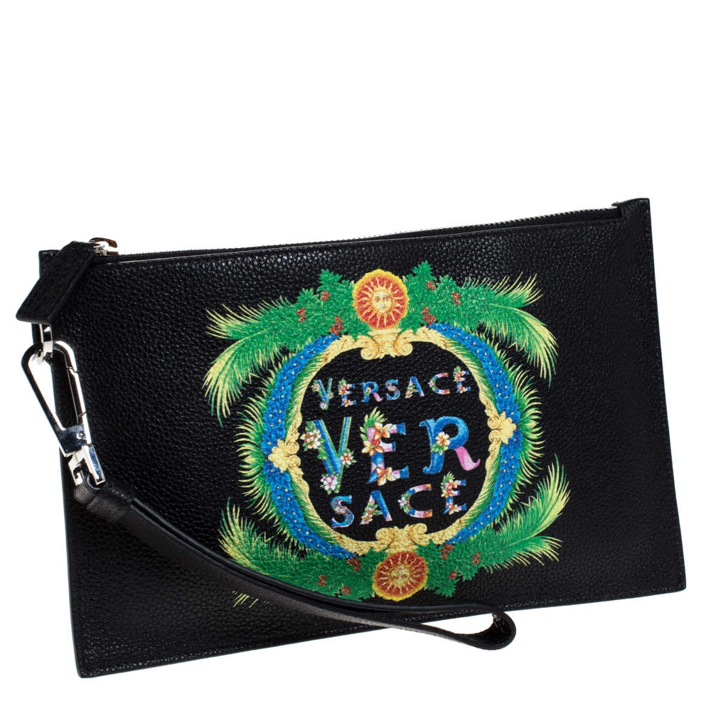 Versace Black Leather Floral Printed Wristlet Pouch For Women - Image 3