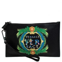 Versace Black Leather Floral Printed Wristlet Pouch For Women