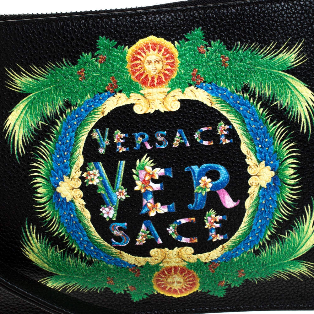 Versace Black Leather Floral Printed Wristlet Pouch For Women - Image 5