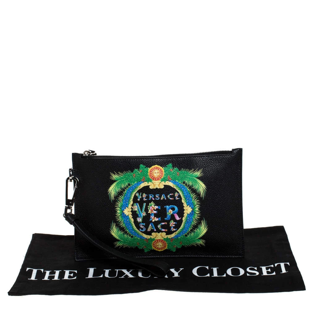 Versace Black Leather Floral Printed Wristlet Pouch For Women - Image 9