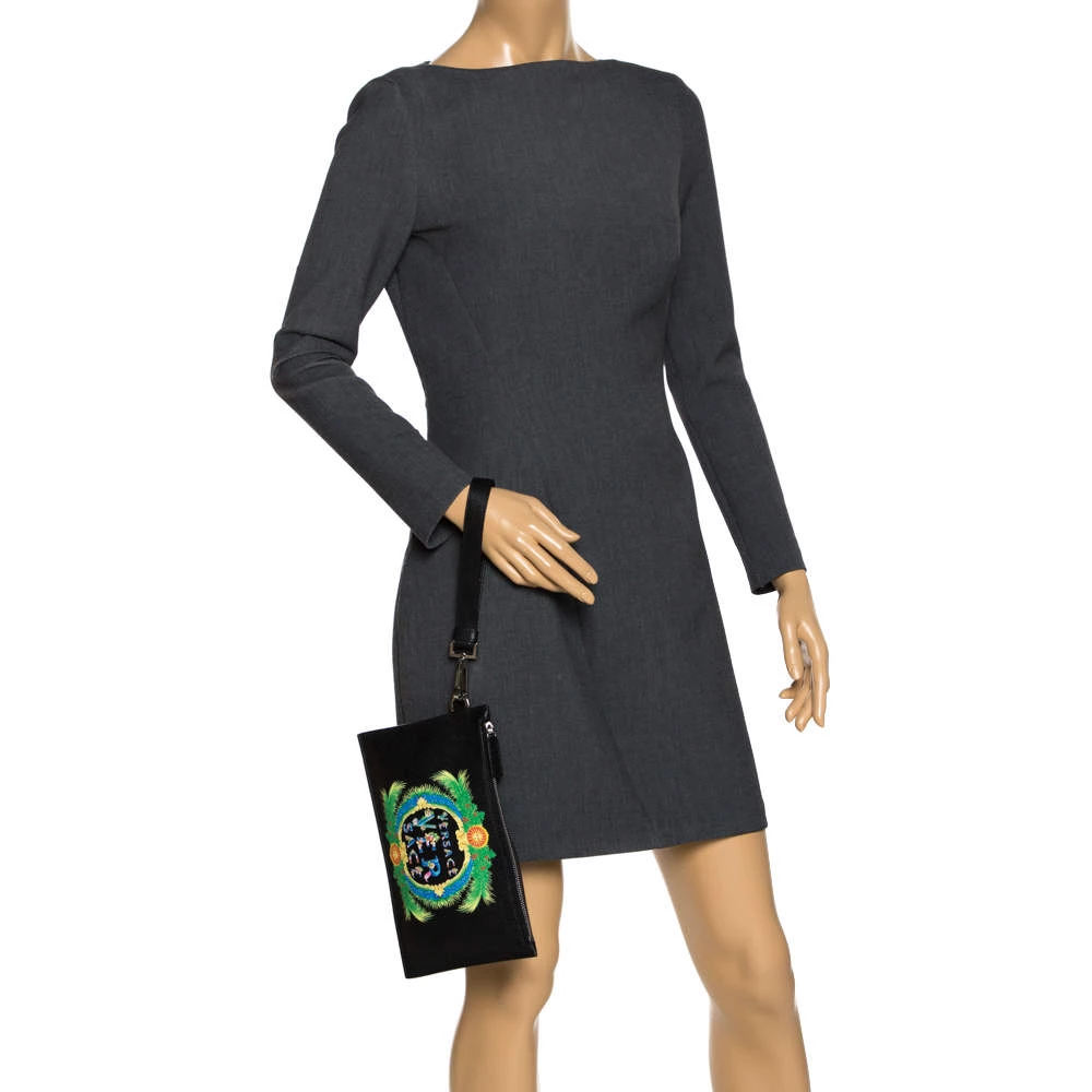 Versace Black Leather Floral Printed Wristlet Pouch For Women - Image 2