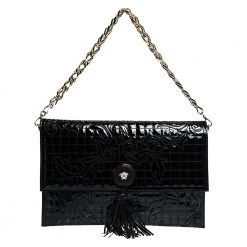 Versace Black Leather Tassel Medusa Shoulder Bag For Women