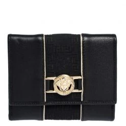 Versace Black Canvas And Leather Compact Wallet For Women