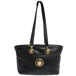 Versace Black Leather Medusa Shopper Tote For Women