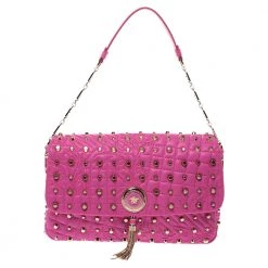 Versace Pink Leather Studded Tassel Vanitas Medea Shoulder Bag For Women
