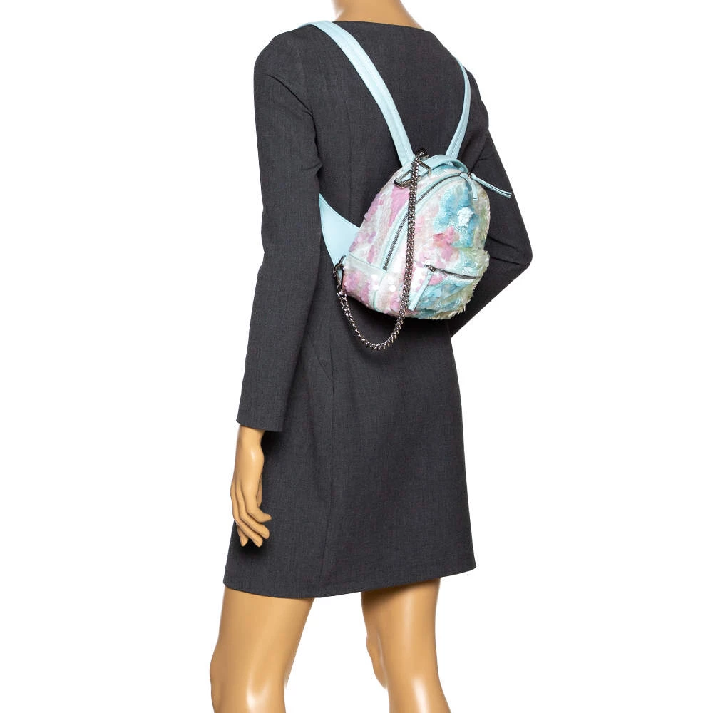 Versace Light Blue Suede And Leather Embellished Sequin Palazzo Medusa Backpack For Women - Image 2