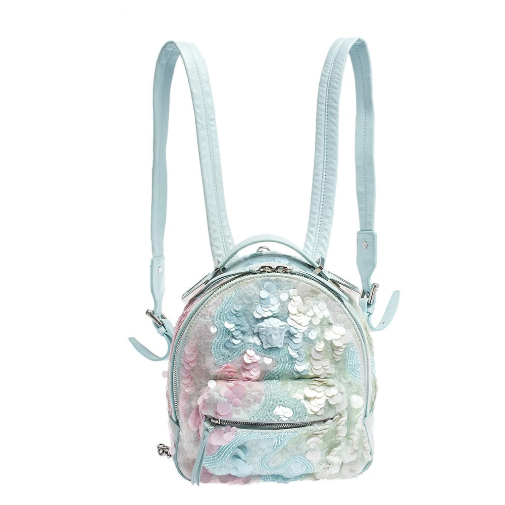 Versace Light Blue Suede And Leather Embellished Sequin Palazzo Medusa Backpack For Women