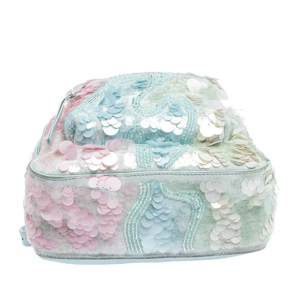 Versace Light Blue Suede And Leather Embellished Sequin Palazzo Medusa Backpack For Women - Image 6