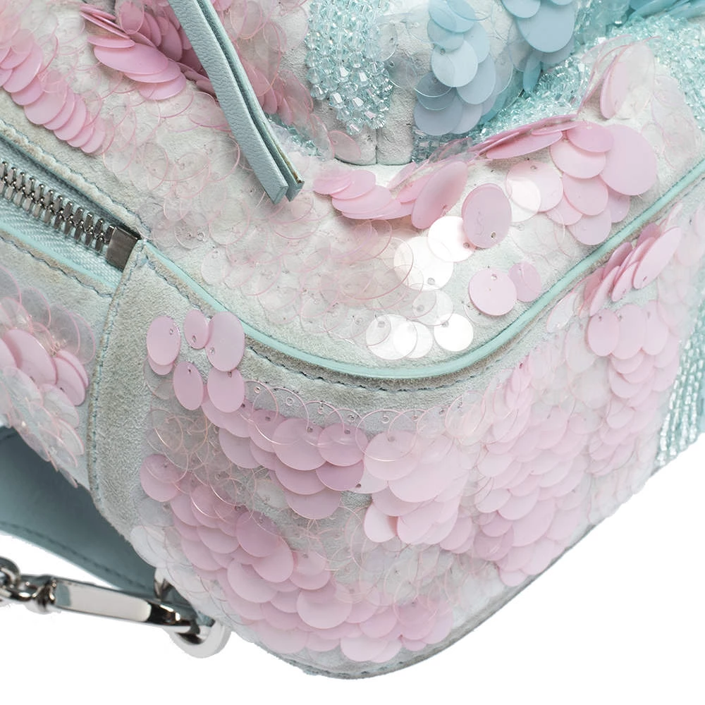 Versace Light Blue Suede And Leather Embellished Sequin Palazzo Medusa Backpack For Women - Image 10
