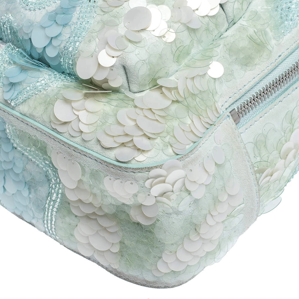Versace Light Blue Suede And Leather Embellished Sequin Palazzo Medusa Backpack For Women - Image 11