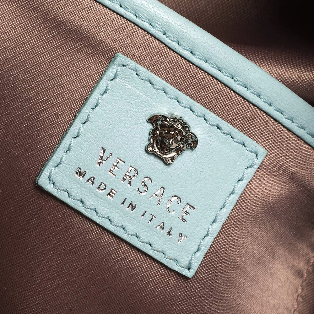 Versace Light Blue Suede And Leather Embellished Sequin Palazzo Medusa Backpack For Women - Image 8