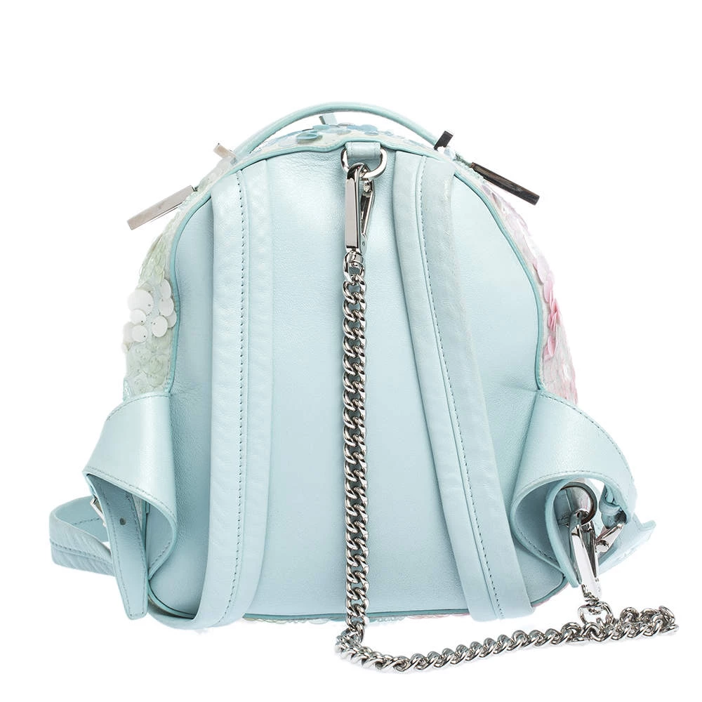 Versace Light Blue Suede And Leather Embellished Sequin Palazzo Medusa Backpack For Women - Image 4
