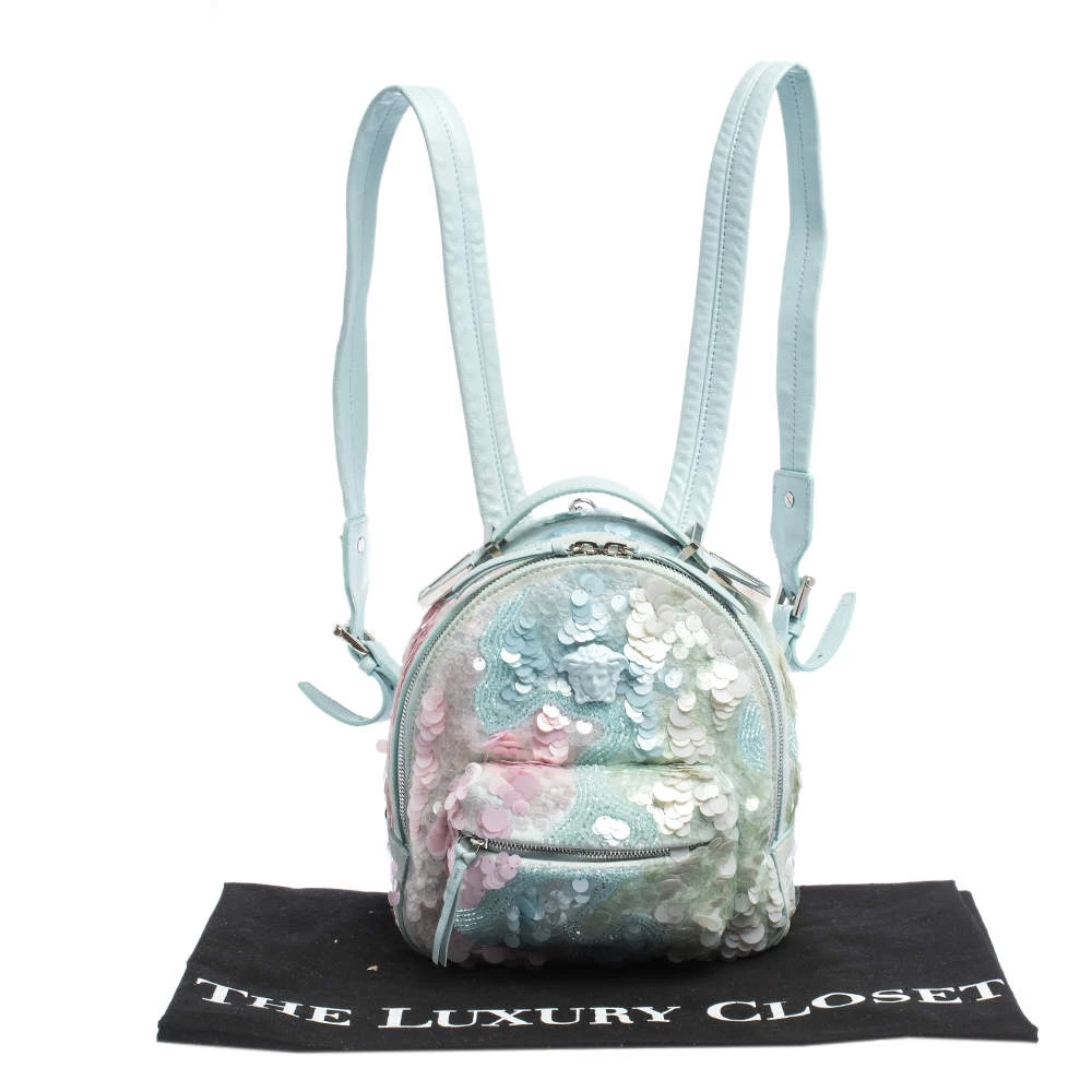 Versace Light Blue Suede And Leather Embellished Sequin Palazzo Medusa Backpack For Women - Image 9