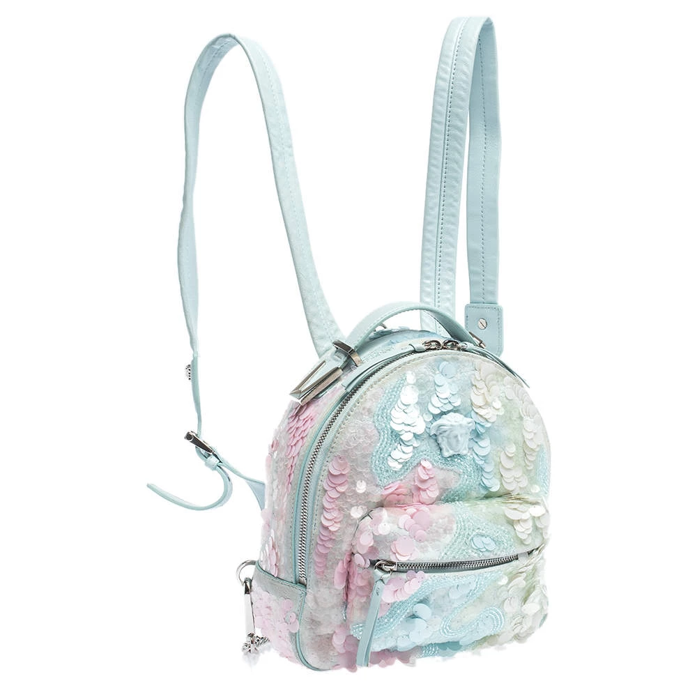 Versace Light Blue Suede And Leather Embellished Sequin Palazzo Medusa Backpack For Women - Image 3
