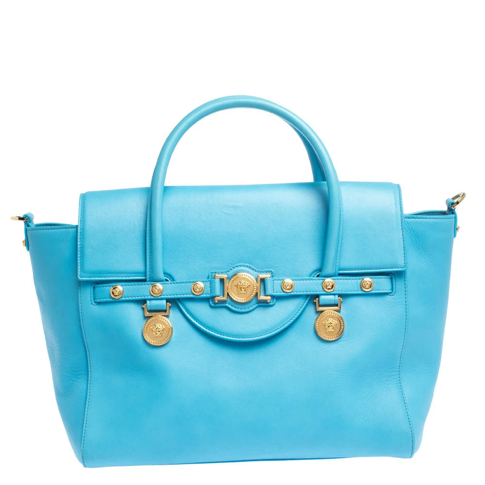 Versace Blue Leather Medusa Medallion Satchel For Women
