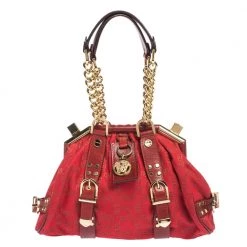 Versace Red Signature Fabric And Leather Madonna Satchel For Women