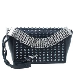 Versace Black Leather Studded Crystal Chain Shoulder Bag For Women
