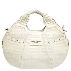 Versace Ivory Quilted And Woven Patent Leather Hobo For Women