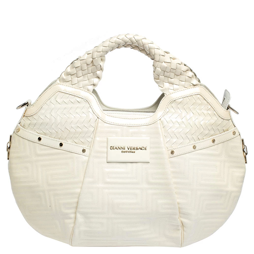 Versace Ivory Quilted And Woven Patent Leather Hobo For Women