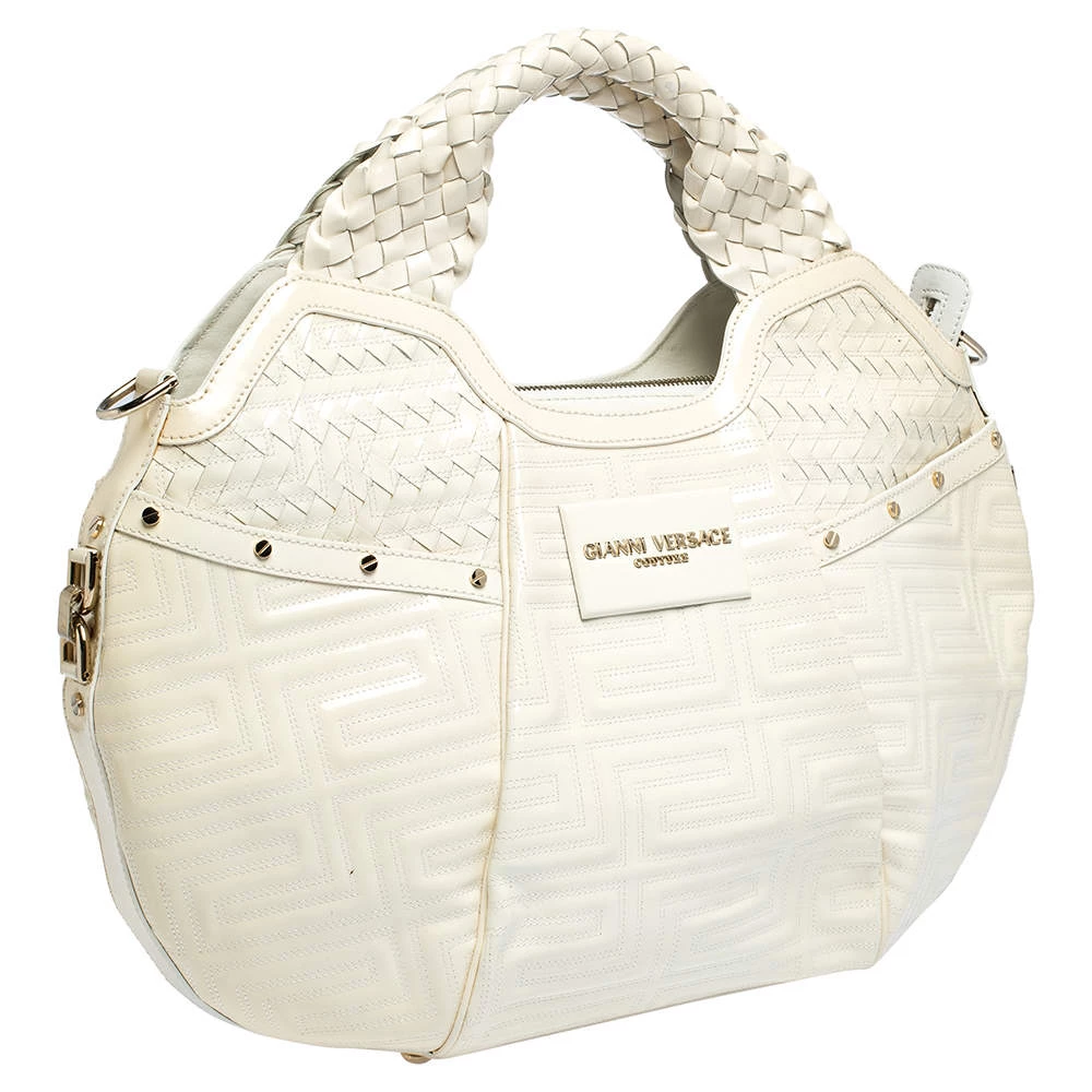 Versace Ivory Quilted And Woven Patent Leather Hobo For Women - Image 3