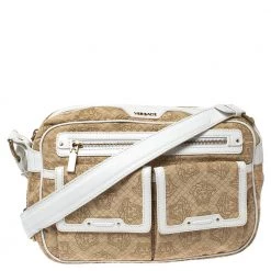 Versace White/Beige Medusa Print Fabric And Leather Double Pocket Expandable Shoulder Bag For Women