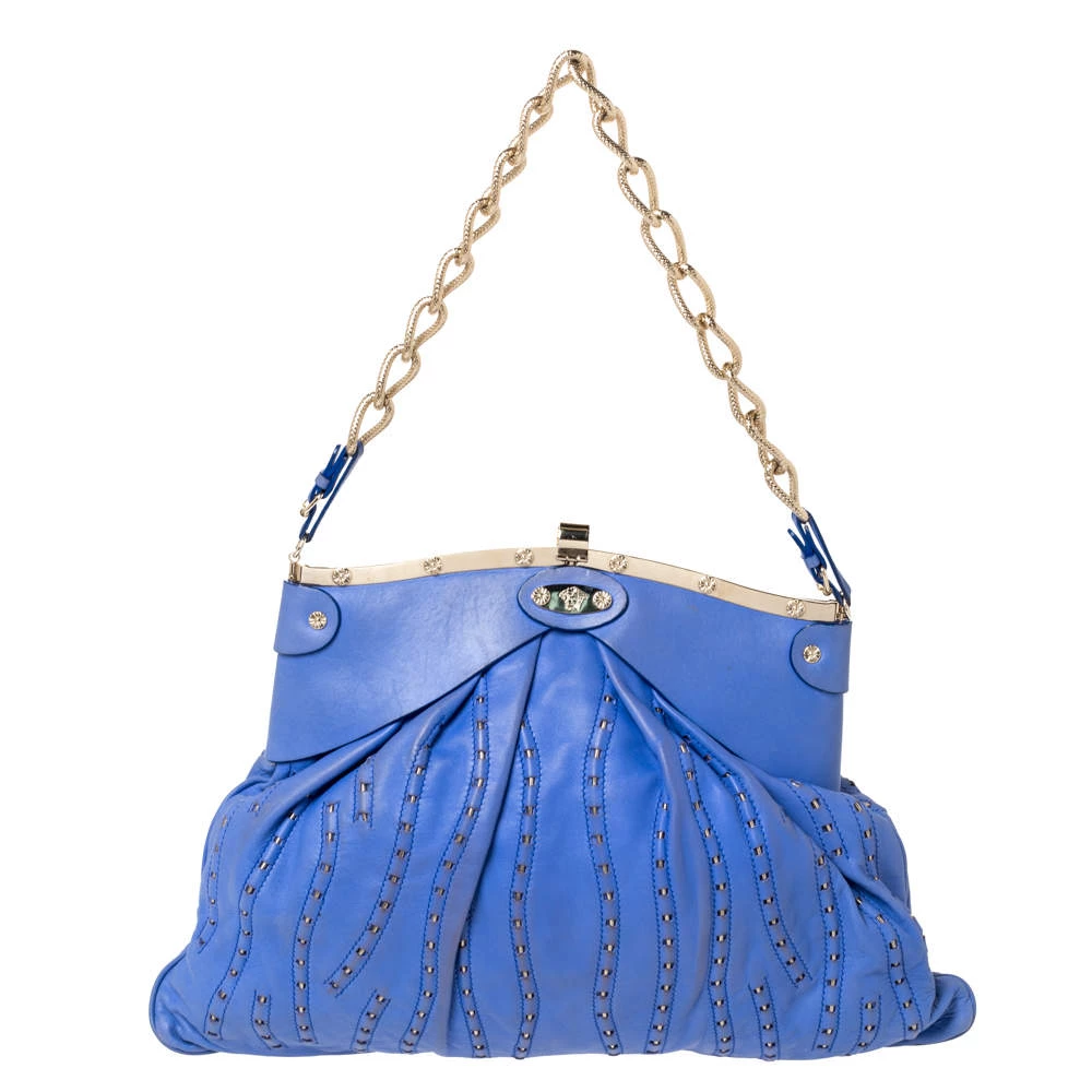 Versace Blue Leather Mirror Frame Chain Shoulder Bag For Women - Image 4