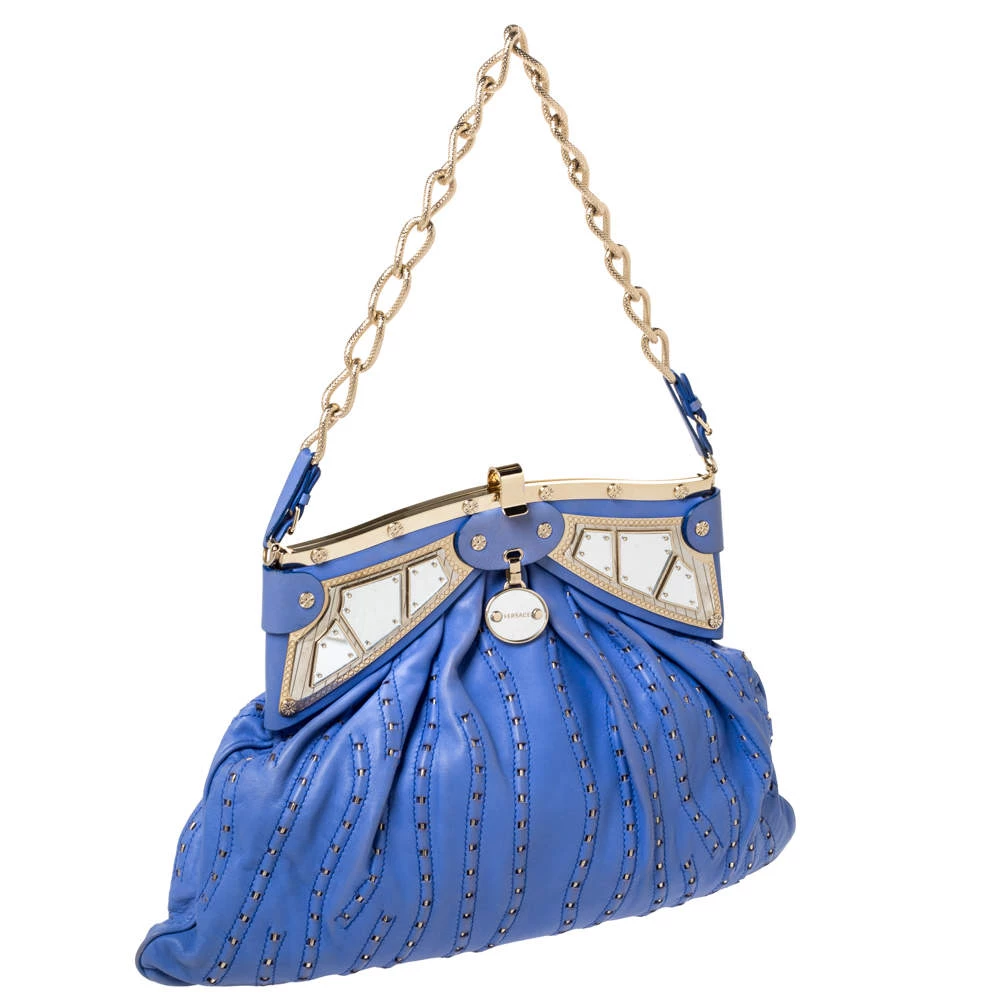 Versace Blue Leather Mirror Frame Chain Shoulder Bag For Women - Image 3