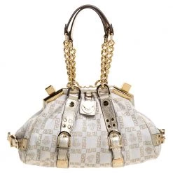 Versace Beige/Metallic Canvas And Leather Madonna Boston Bag For Women