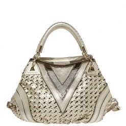 Versace Metallic Gold Woven Leather Crystal Embellished V Satchel For Women