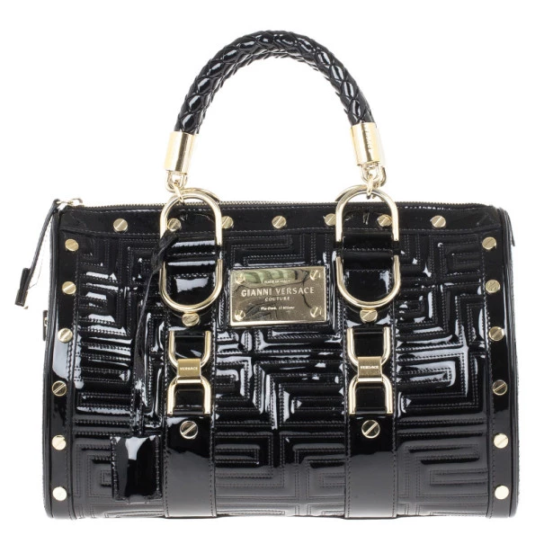 Versace Black Patent Quilted Snap Out Of It Satchel For Women