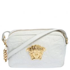 Versace White Leather Palazzo Medusa Camera Crossbody Bag For Women