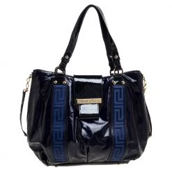 Versace Two Tone Blue Patent Vinyl And Leather Side Zip Tote For Women