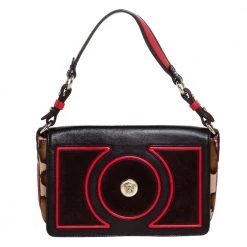 Versace Brown/Red Leopard Print Calfhair, Leather And Suede Palazzo Flap Shoulder Bag For Women