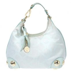Versace Light Turquoise Signature Canvas And Leather Small Studded Hobo For Women