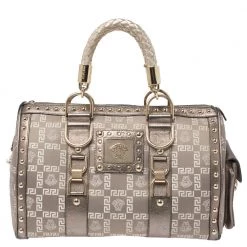 Versace Beige/Metallic Fabric And Leather Snap Out Of It Satchel For Women