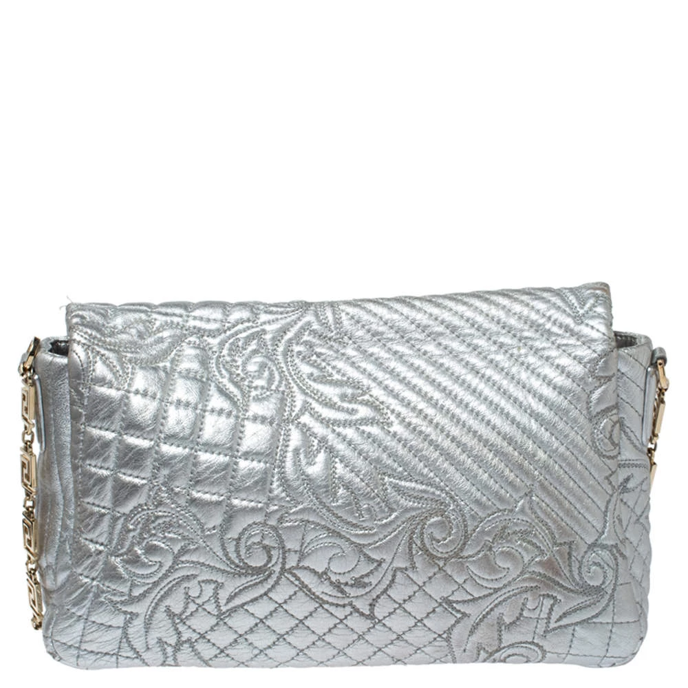 Versace Metallic Silver Barocco Leather Vanitas Medea Shoulder Bag For Women - Image 4